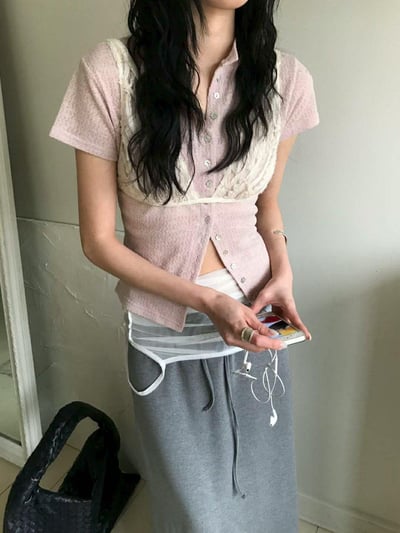 小花貝殼釦短袖衫 ( 3色 )13