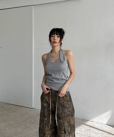 彈性直紋繞頸背心 ( 白色/灰色 )13