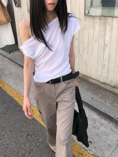 斜肩側抓皺上衣 ( 3色 )25
