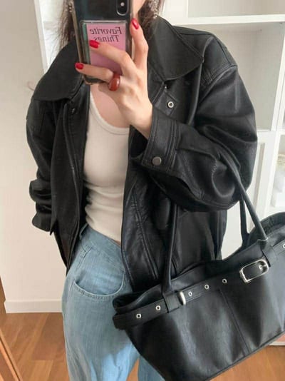 春款紋理感皮夾克10