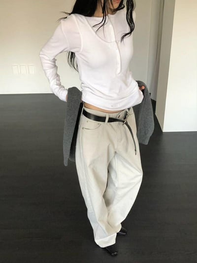 薄感長腿直筒褲 ( 米白色 )5