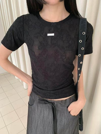 蕾絲花紋短袖上衣 ( 2色 )19