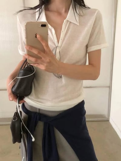 polo領透膚衫( 白色/黑色/霧灰/花灰/深灰 )3