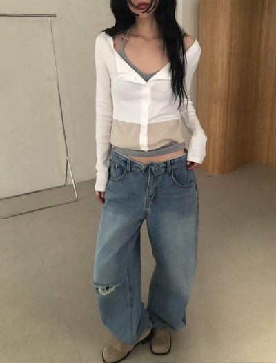 反摺褲頭單邊割破丹寧褲11