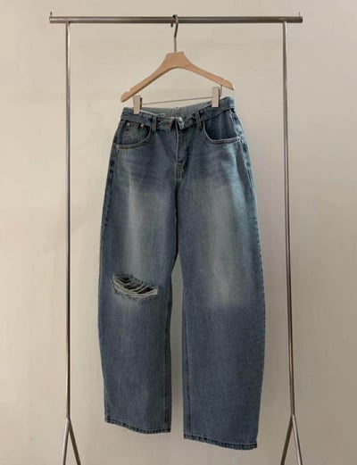 反摺褲頭單邊割破丹寧褲20