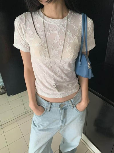 蕾絲花紋短袖上衣 ( 2色 )10