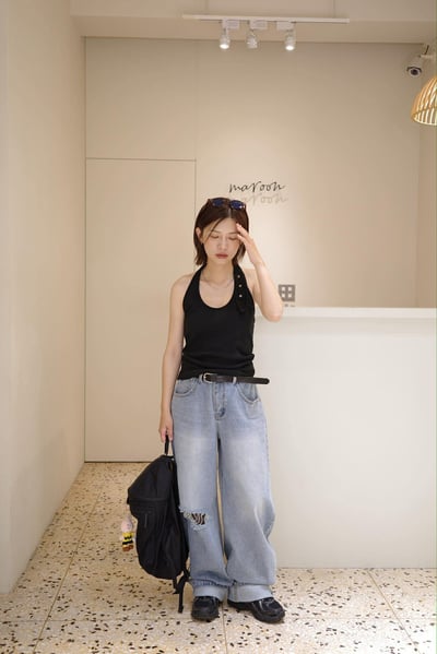 反摺褲頭單邊割破丹寧褲3