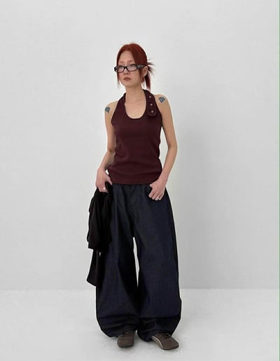 彈性直紋繞頸背心 ( 黑色/酒紅色 )4