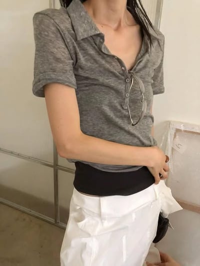polo領透膚衫( 白色/黑色/霧灰/花灰/深灰 )12