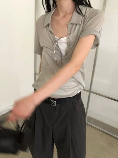 polo領透膚衫( 白色/黑色/霧灰/花灰/深灰 )10