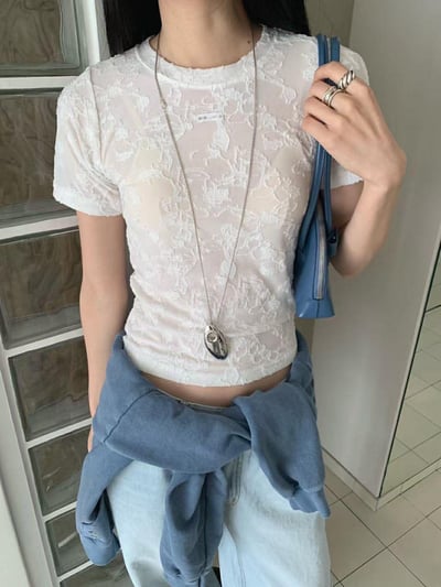 蕾絲花紋短袖上衣 ( 2色 )11