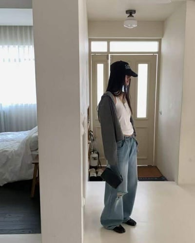 反摺褲頭單邊割破丹寧褲2