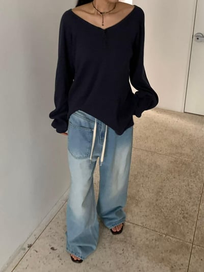 設計師不對稱口袋丹寧褲8