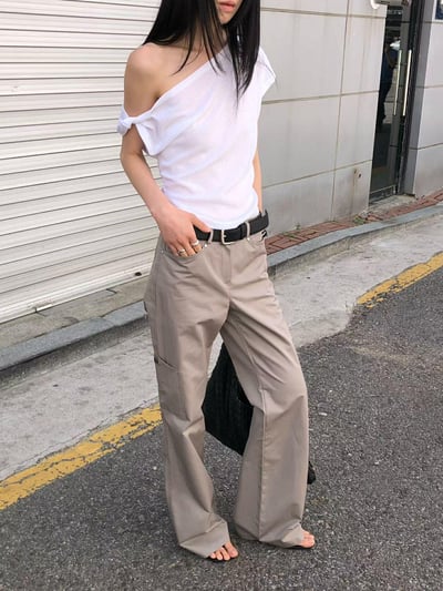 斜肩側抓皺上衣 ( 3色 )24