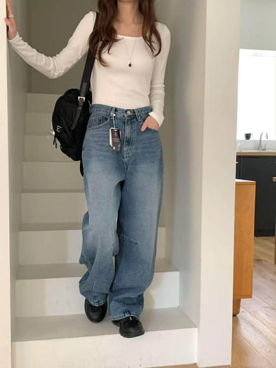 #406藍色車線丹寧褲1