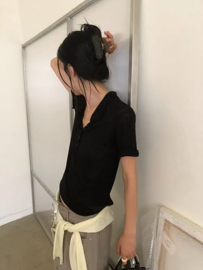 polo領透膚衫( 白色/黑色/霧灰/花灰/深灰 )7