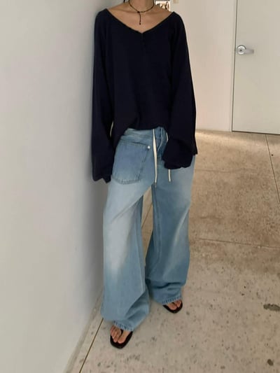 設計師不對稱口袋丹寧褲1