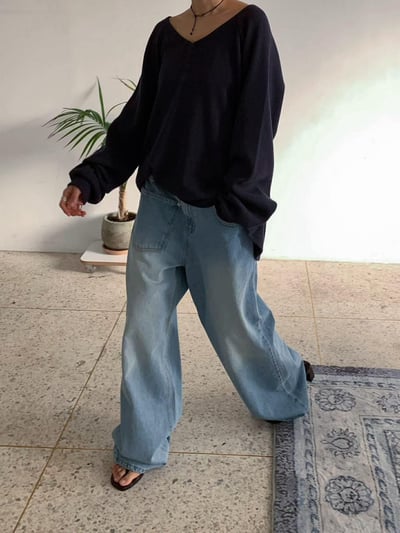 設計師不對稱口袋丹寧褲7