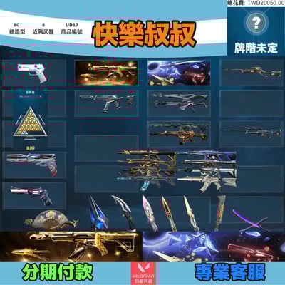 (UD17客人分期中請勿下單)Valorant 特戰英豪 頭期款1000元起 主打絕版冠軍25套+奇點套 冠五黑波混沌暗夜異變靈花EXO末日晶矽牛扇等造型1