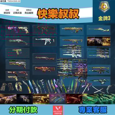 (UD12客人分期中請勿下單)Valorant 特戰英豪 頭期款1600元起 主打絕版冠軍23+24+25+奧術2.0套+緋金套+玉龍套+惡鬼套 冠三四五衛士星靈獄燄光炫虛無偵查棄王等造型1