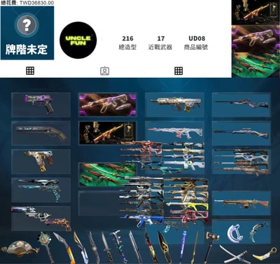 (UD08客人分期中請勿下單)Valorant 特戰英豪 頭期款1400元起 主打絕版冠軍22套+冠軍23套+惡鬼套 冠二冠三混沌邊陲牛扇等15特效暴徒9特效幻象17近戰武器等造型1