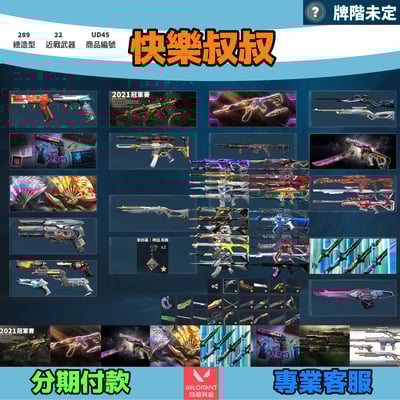 (UD45客人分期中請勿下單)Valorant 特戰英豪 頭期款2000元起 主打絕版冠軍21套+23套+24套+鳳凰摺扇+憐憫之刃+奧術套+偵查套+瓷藝套 冠一三四黑波異星邊陲至尊電幻光炫緋金等造型1