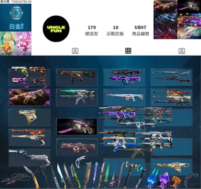 (UB97客人分期中請勿下單)Valorant 特戰英豪 頭期款1600元起 主打絕版冠軍2023+冠軍2024套+黑波套+暗夜套+電玩套+鎏金套+雙排日套 冠三/黑波/異星/凍結/離子/紫金/掠奪暴徒 冠四/電玩/暗夜/鎏金/偵查/紫金/離子幻象 至尊奇點電能異星RGX爪刀等造型1