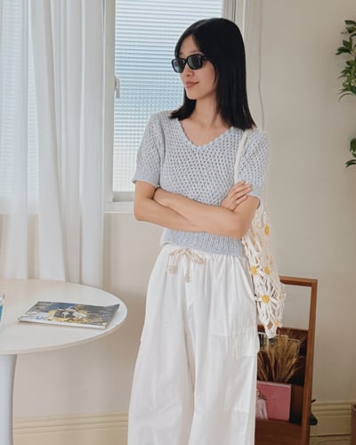 優雅粗織短袖針織衫-藍4