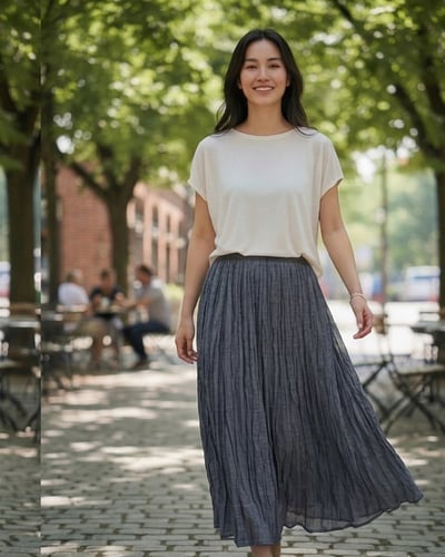 柔霧壓摺鬆緊裙-灰藍1