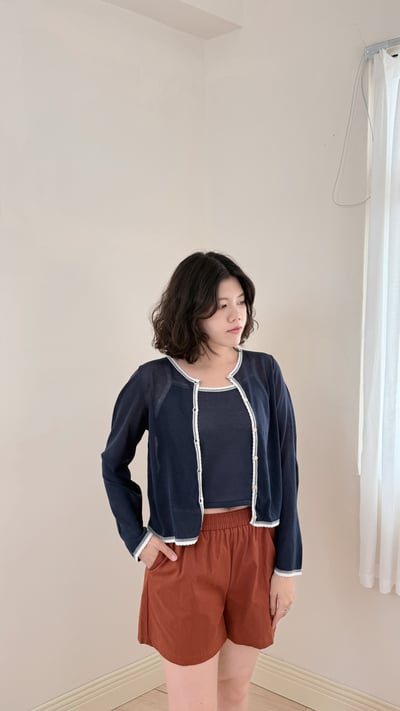 亞麻撞色開襟外套-深藍5