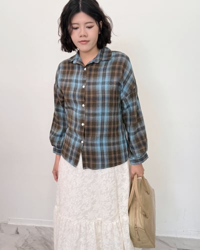 磨毛格紋襯衫-藍咖3