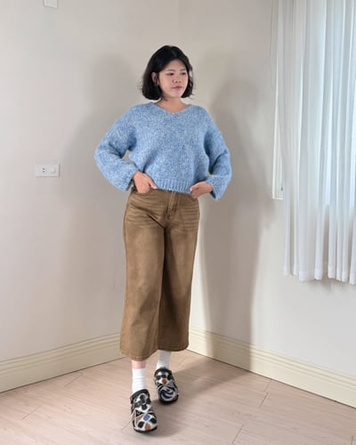 V領花紗羊毛衣-藍3