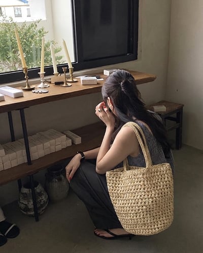 拉菲草手工編織包-杏3