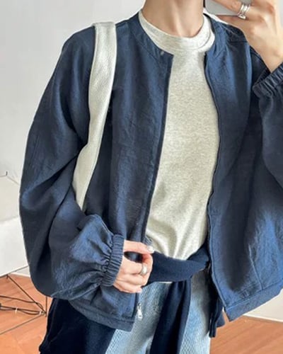 亞麻摩登拉鍊外套-藍1