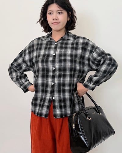 磨毛格紋襯衫-黑白2