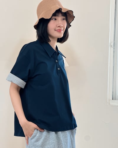 日系POLO領短袖上衣-深藍4