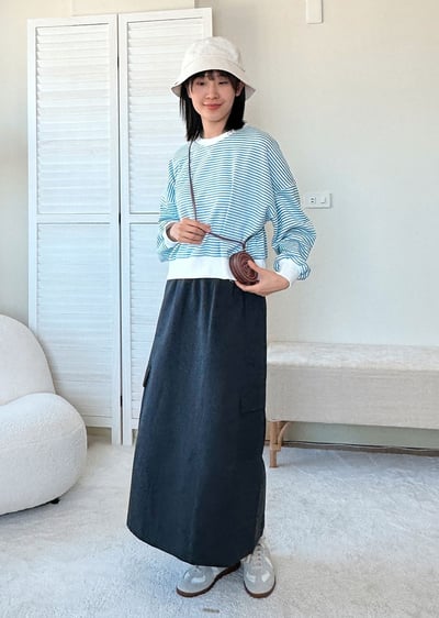 天絲休閒口袋工裝裙-深藍2