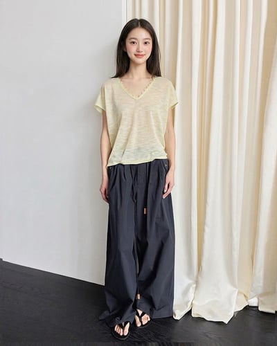 亞麻花邊法式tee-黃3