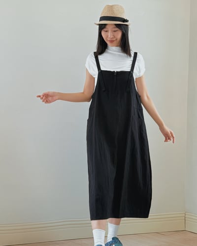 亞麻工裝吊帶裙1