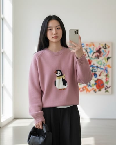 法式企鵝緹花毛衣-粉3