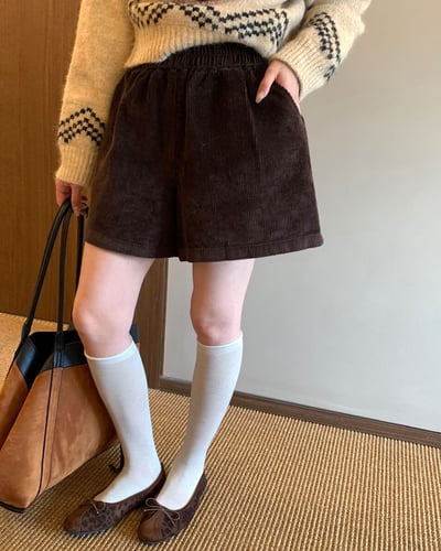 燈心絨萬能短褲-咖3