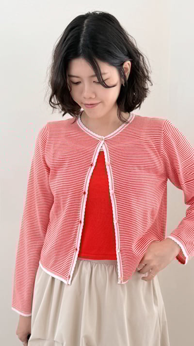 亞麻撞色開襟外套-紅2