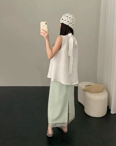 波紋層次紗長裙-綠4