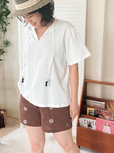 前後穿寬鬆串珠Tee-杏5