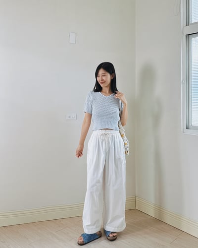 優雅粗織短袖針織衫-藍5