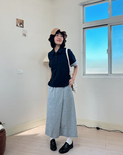 日系POLO領短袖上衣-深藍3