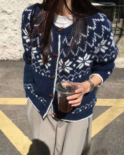 北歐雪花木扣外套-藍3