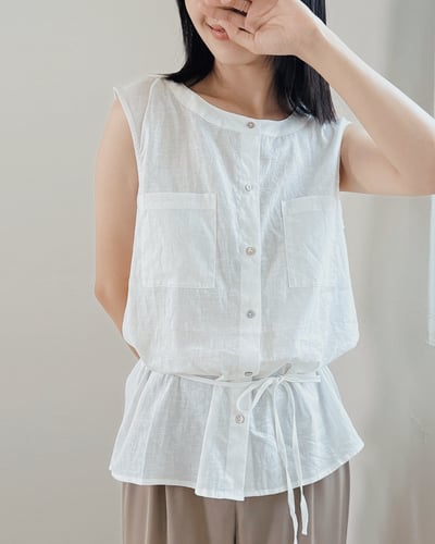 綁帶雙口袋薄上衣-白1