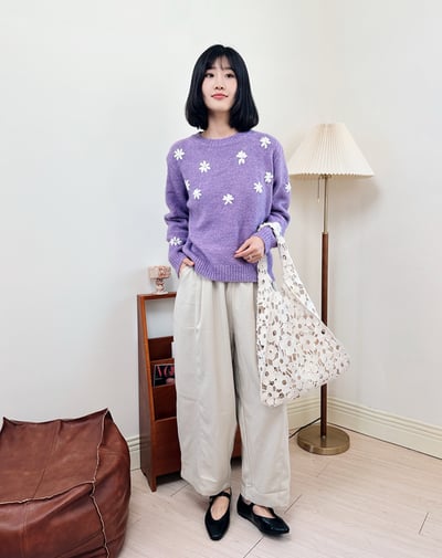 手工繡花紫羅蘭毛衣-紫3