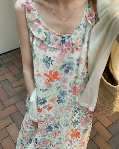 瓊麻花朵荷葉洋裝-杏3